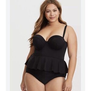 Torrid 2 Tankini Swim Top Black Peplum Underwire Bra Support Solid Black 2X